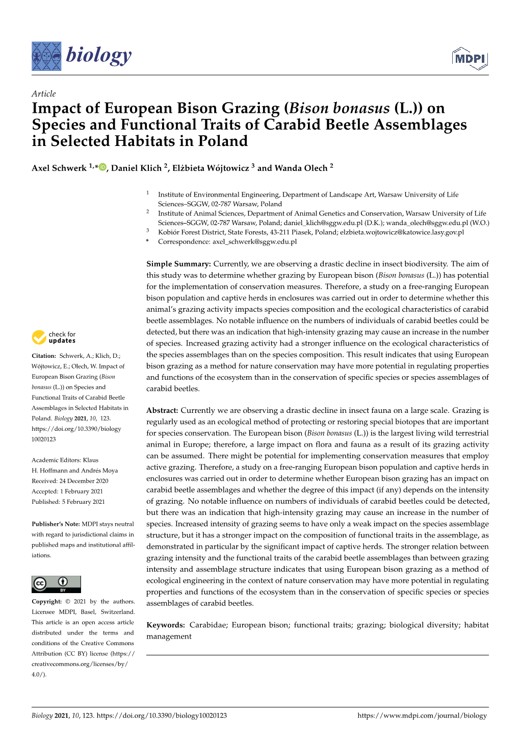 Impact of European Bison Grazing (Bison Bonasus (L.)) on Species and Functional Traits of Carabid Beetle Assemblages in Selected Habitats in Poland