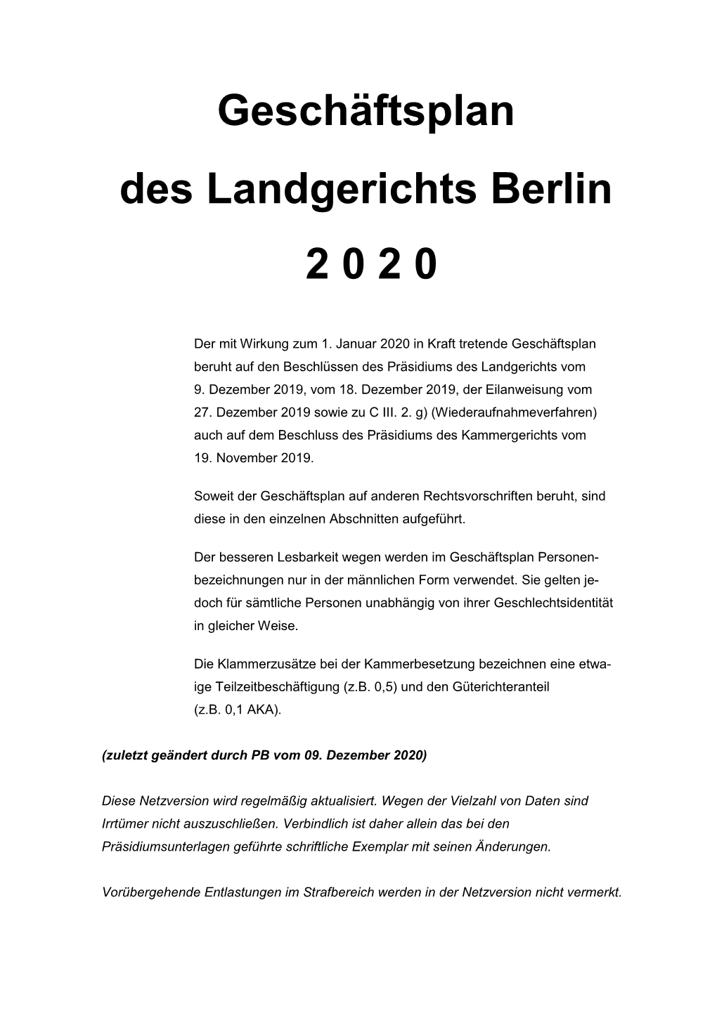 Geschäftsplan Des Landgerichts Berlin 2 0 2 0