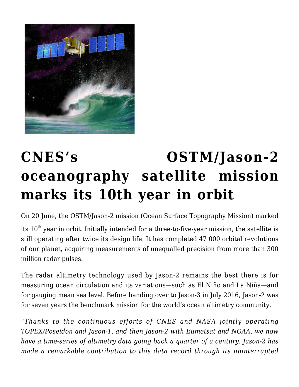 S OSTM/Jason-2 Oceanography Satellite Mission Marks Its 10Th Year in Orbit