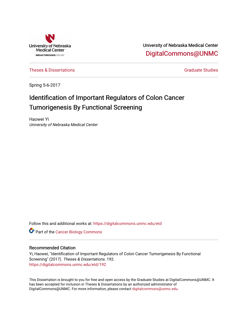 Identification of Important Regulators of Colon Cancer Tumorigenesis by Functional Screening