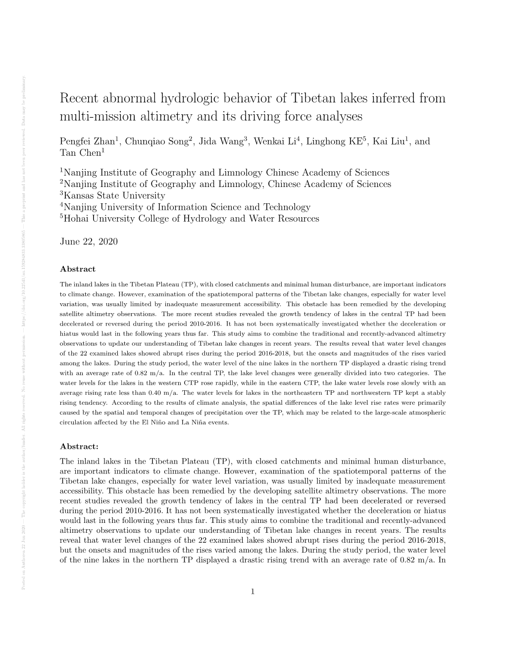 Recent Abnormal Hydrologic Behavior of Tibetan Lakes Inferred from Multi-Mission Altimetry and Its Driving Force Analyses