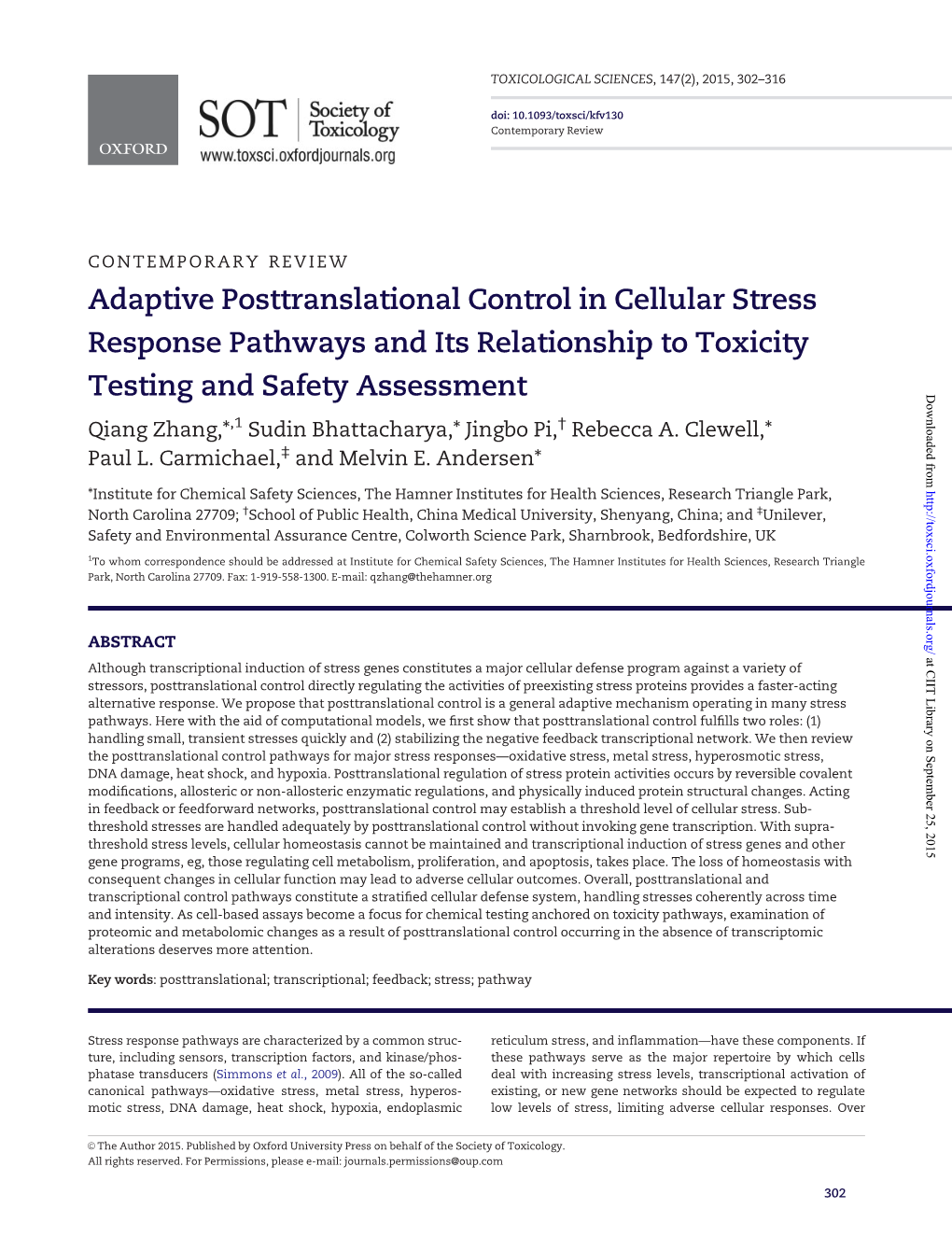 Adaptive Posttranslational Control in Cellular Stress Response Pathways and Its Relationship to Toxicity