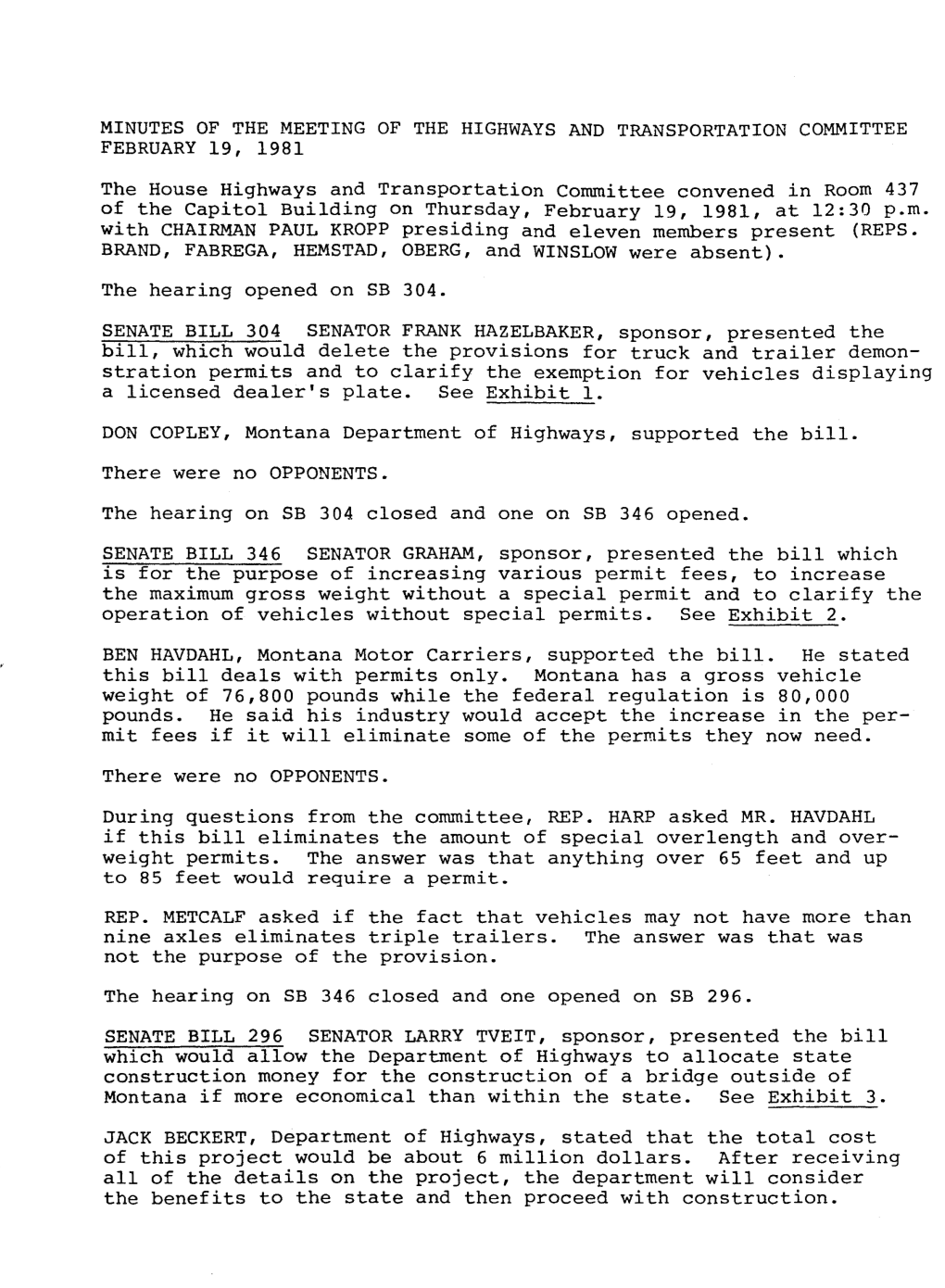 Minutes of the Meeting of the Highways and Transportation Committee February 19, 1981