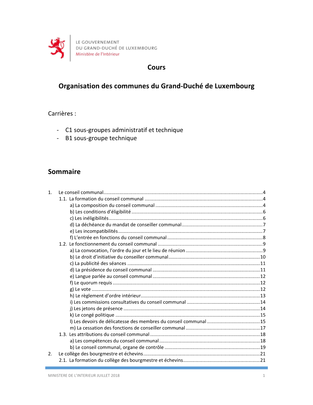 Cours Organisation Des Communes Du Grand-Duché De Luxembourg Sommaire