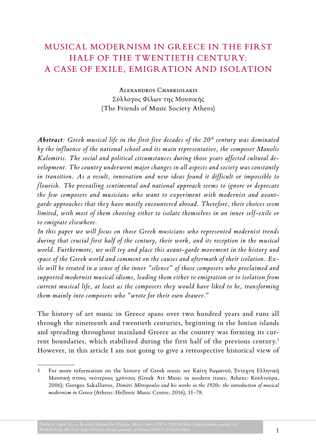 Musical Modernism in Greece in the First Half of the Twentieth Century: a Case of Exile, Emigration and Isolation