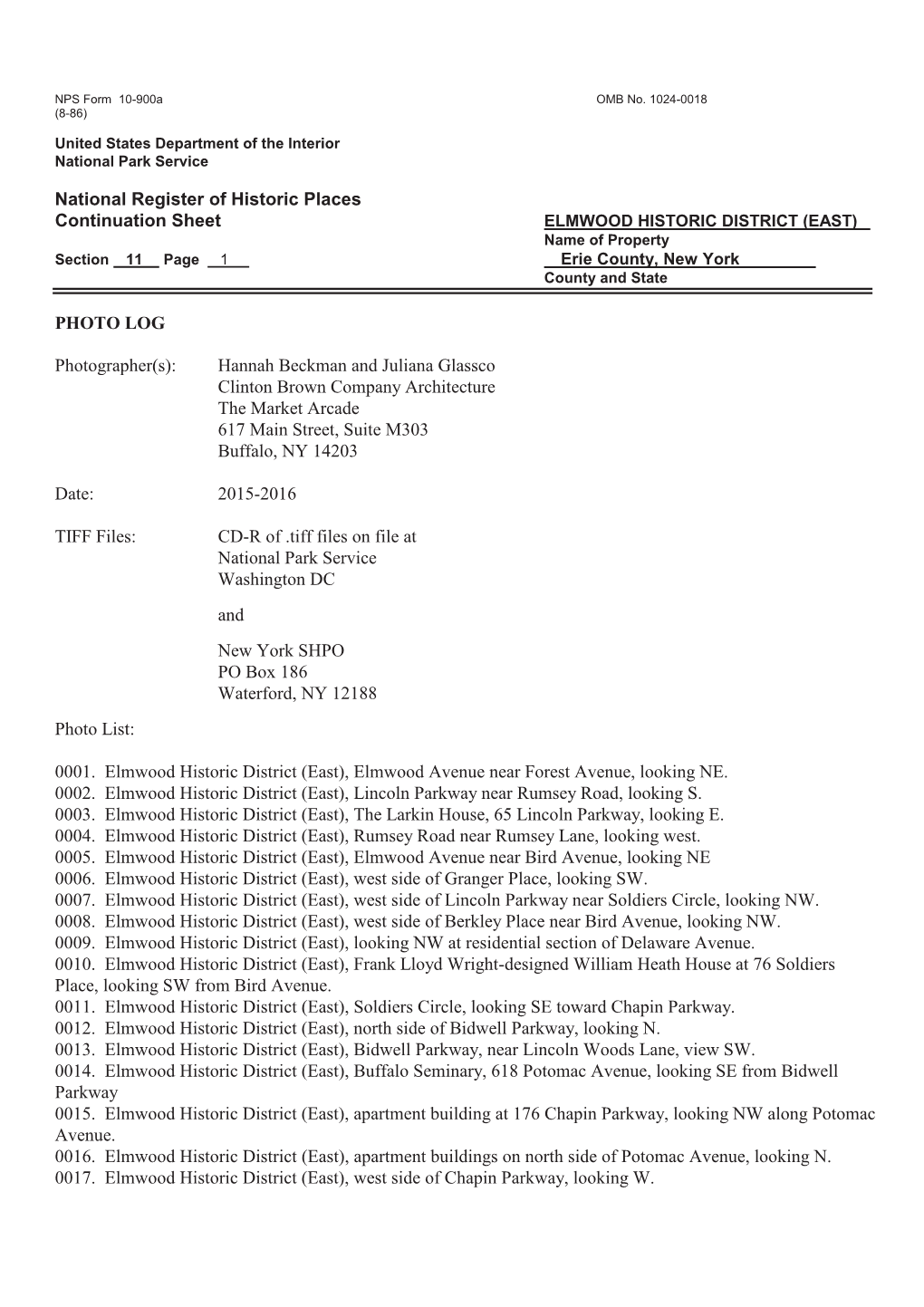 National Register of Historic Places Continuation Sheet ELMWOOD HISTORIC DISTRICT (EAST) Name of Property Section 11 Page 1 Erie County, New York County and State