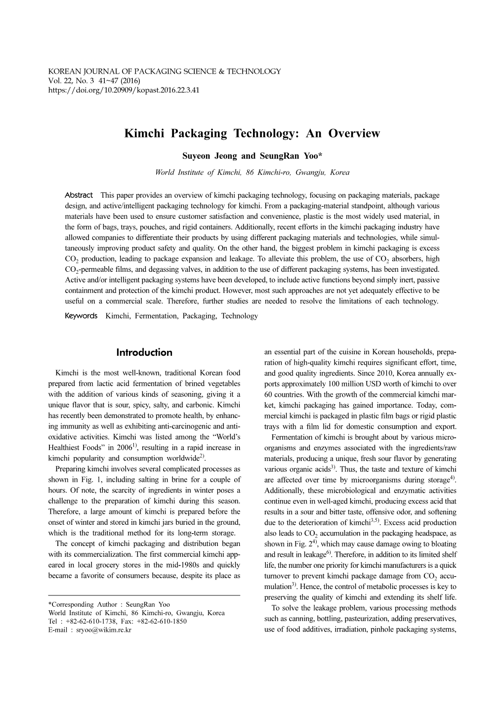 Kimchi Packaging Technology: an Overview