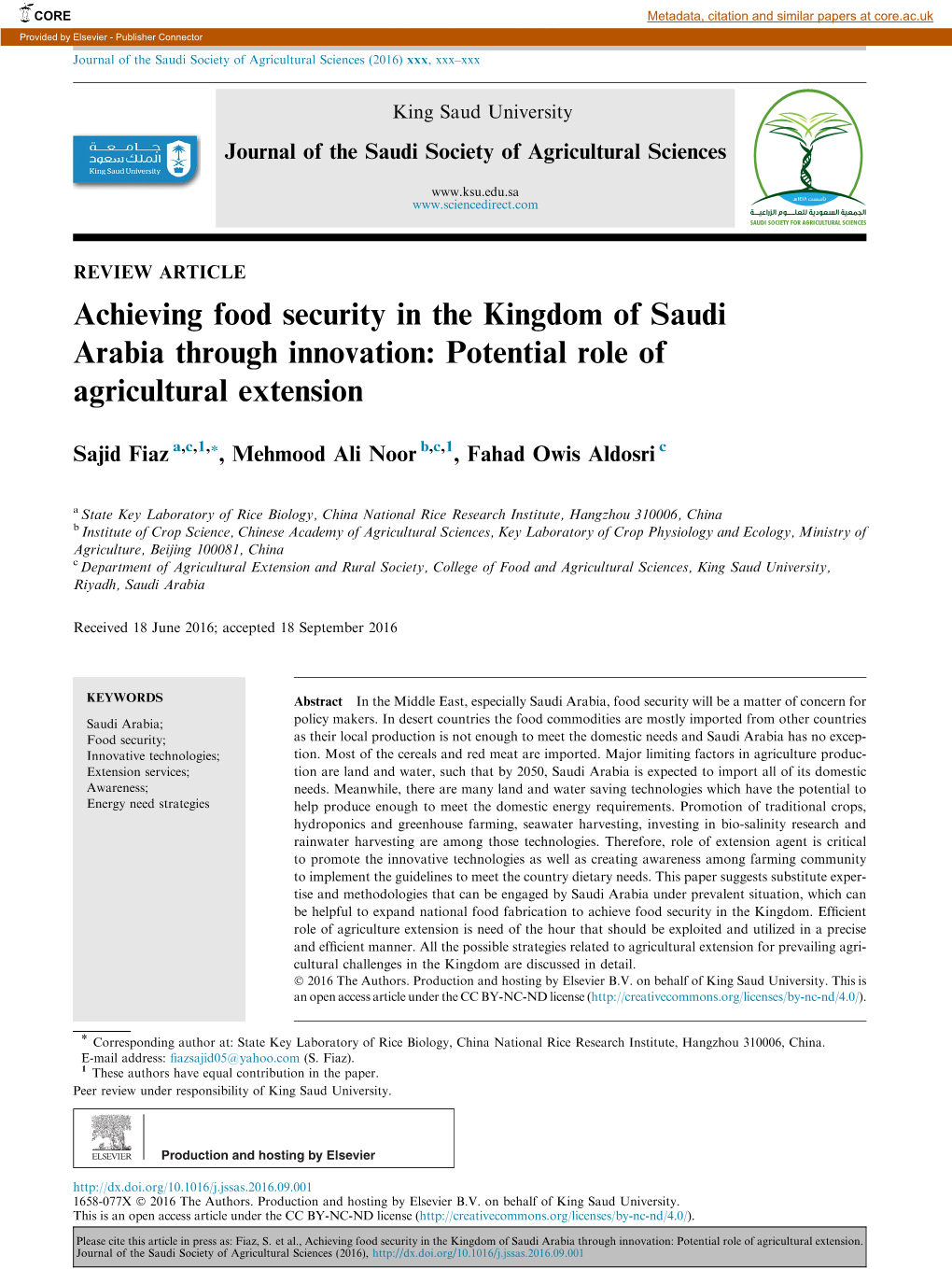 Achieving Food Security in the Kingdom of Saudi Arabia Through Innovation: Potential Role of Agricultural Extension