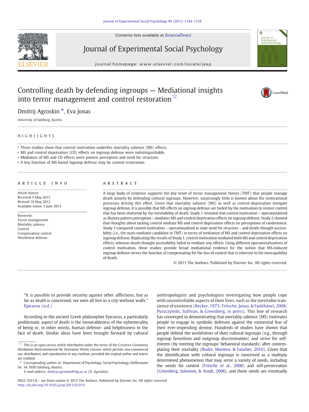 Journal of Experimental Social Psychology 49 (2013) 1144–1158