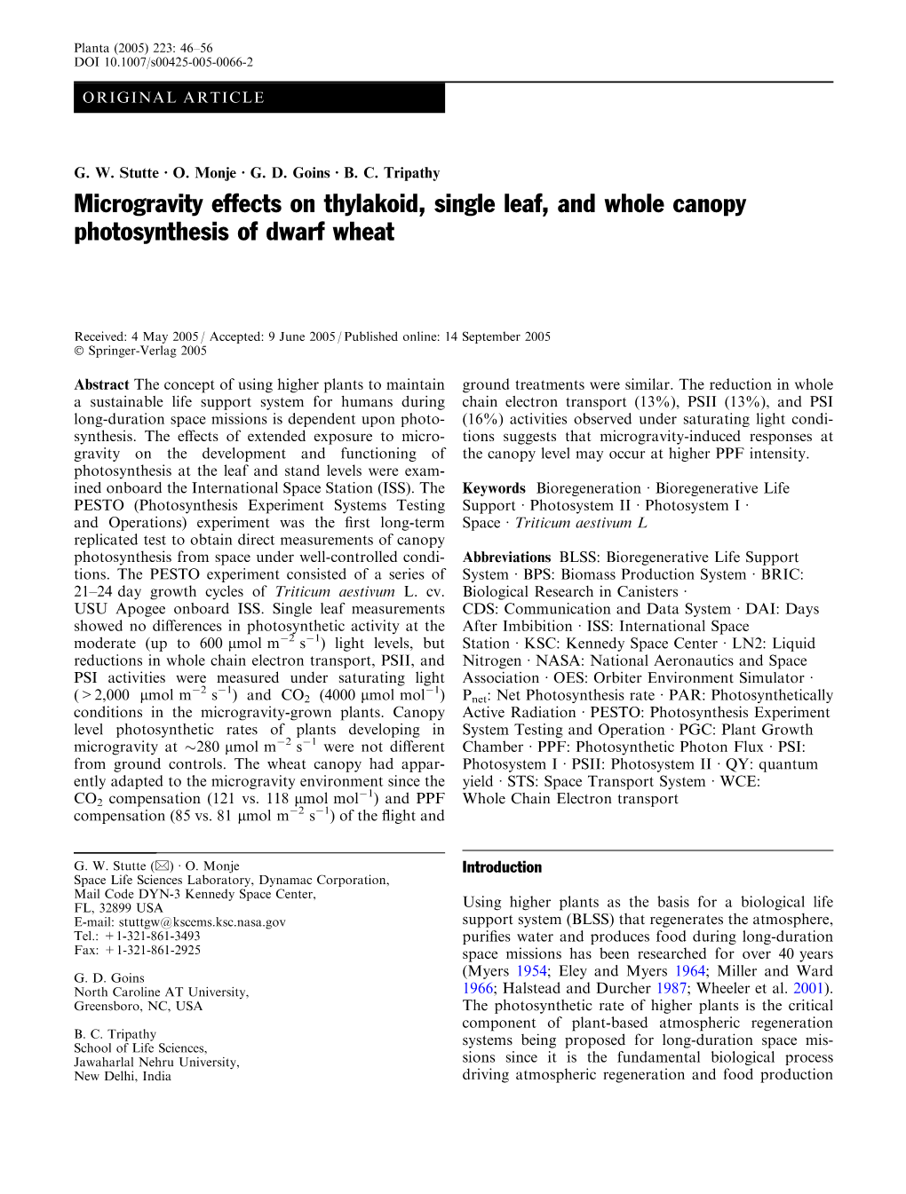 Microgravity Effects on Thylakoid, Single Leaf, and Whole Canopy Photosynthesis of Dwarf Wheat