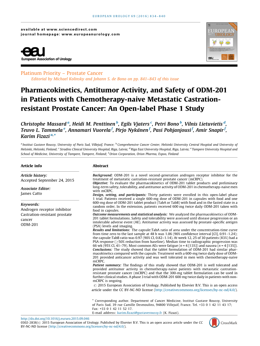 Pharmacokinetics, Antitumor Activity, and Safety of ODM-201 in Patients