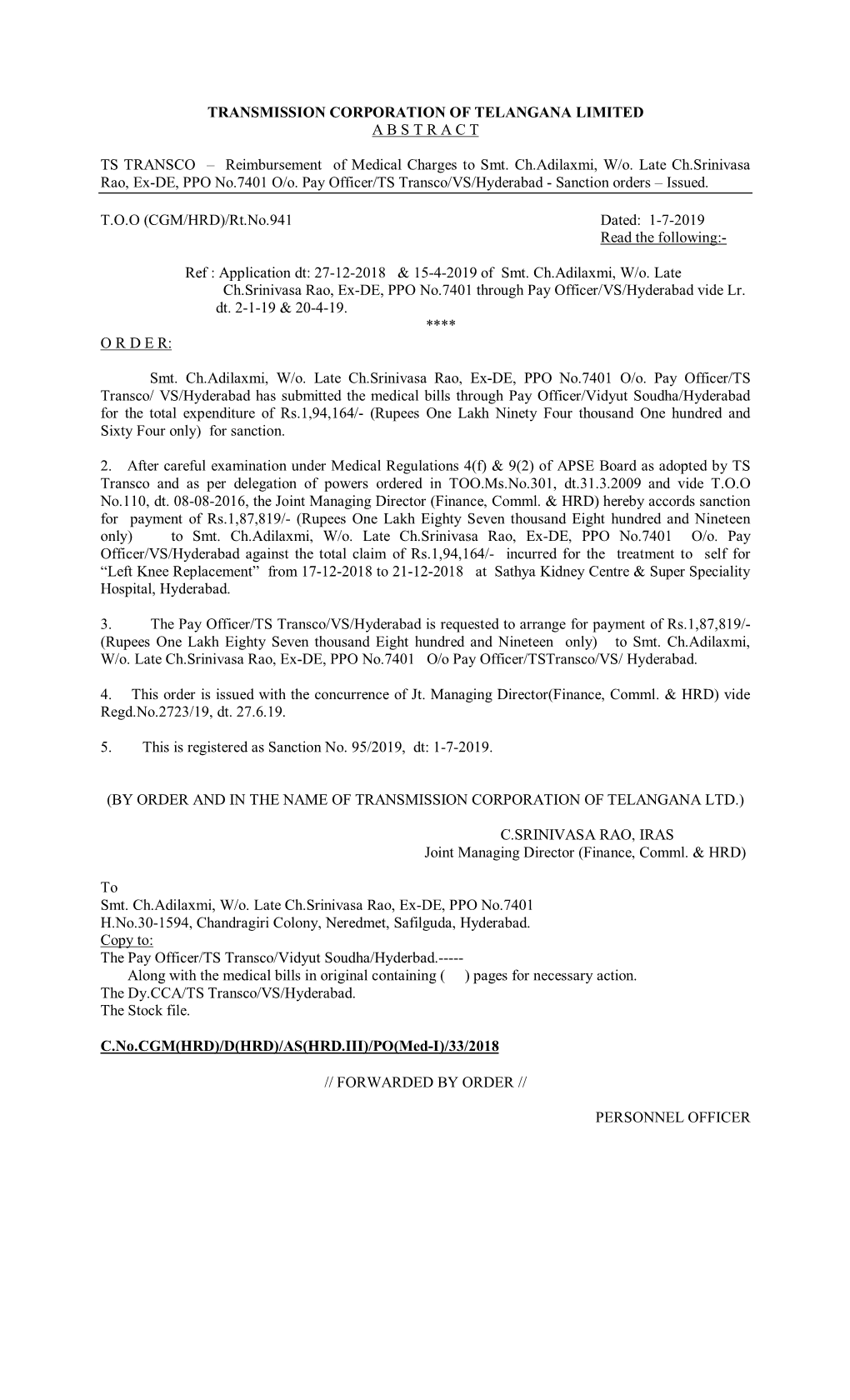 Reimbursement of Medical Charges to Smt. Ch.Adilaxmi, W/O