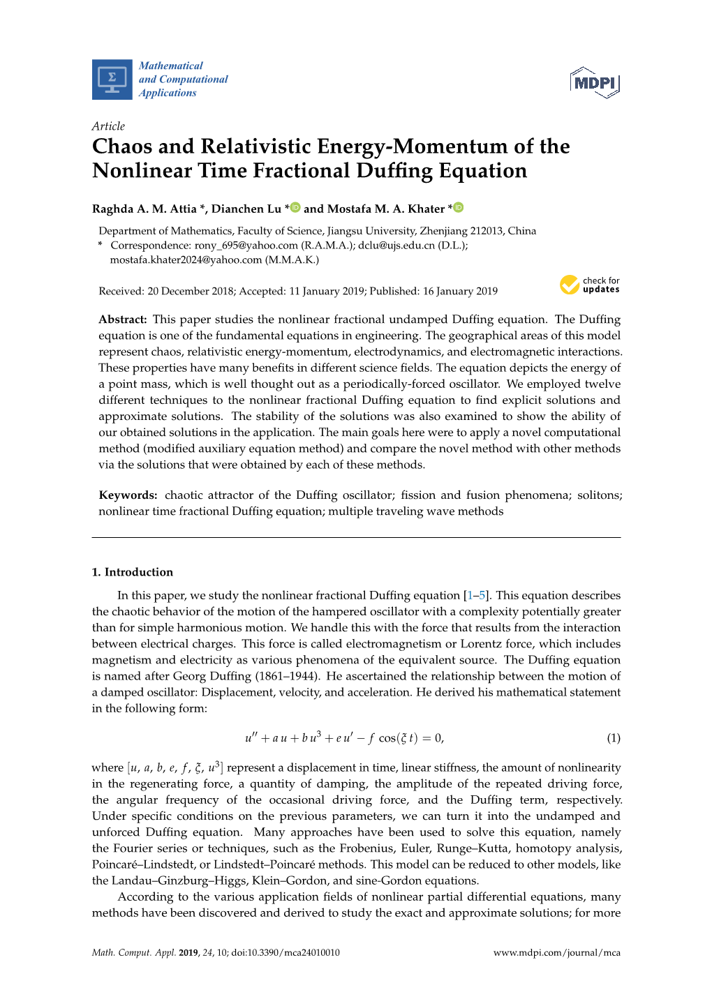 Chaos and Relativistic Energy-Momentum of the Nonlinear Time Fractional Dufﬁng Equation