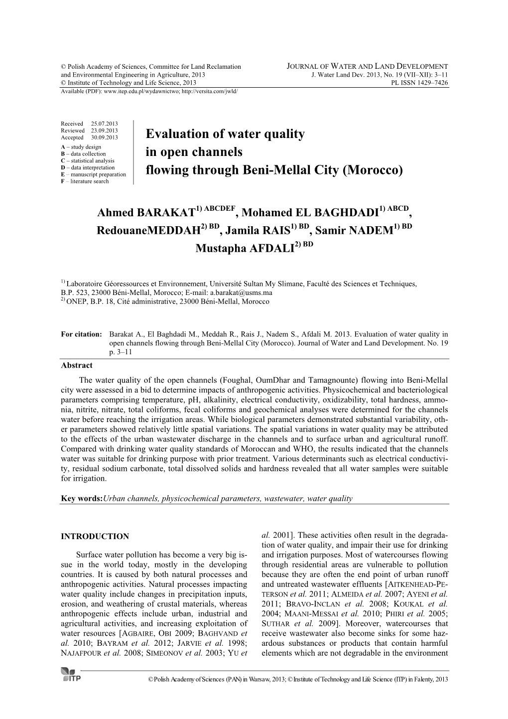 Evaluation of Water Quality in Open Channels Flowing Through Beni-Mellal City (Morocco)