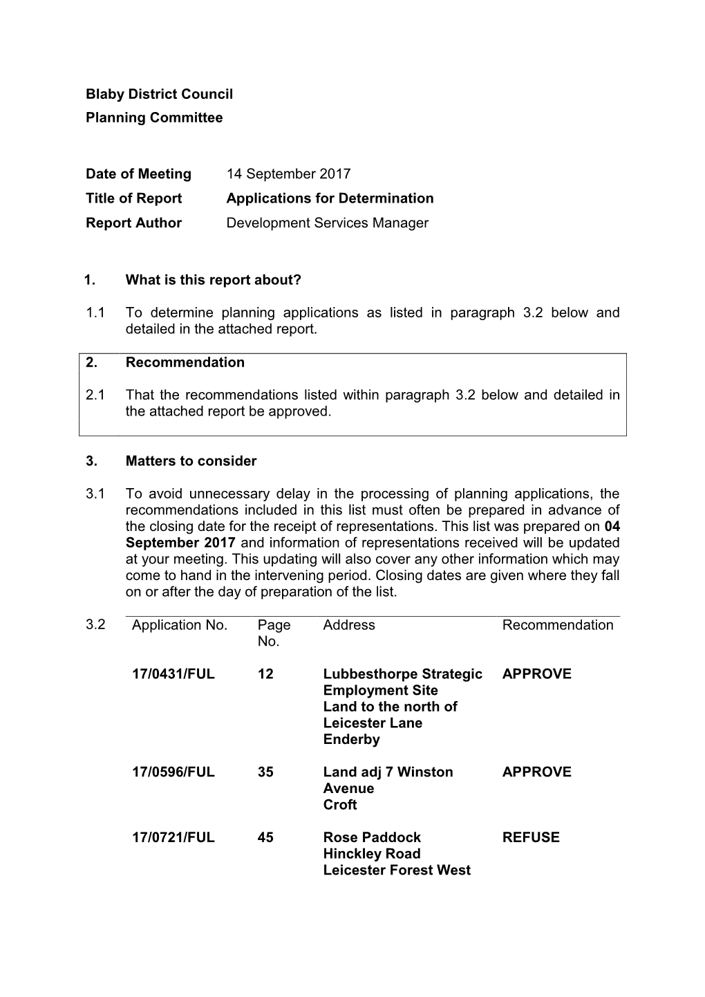 Blaby District Council Planning Committee Date of Meeting 14 September 2017 Title of Report Applications for Determination Repor