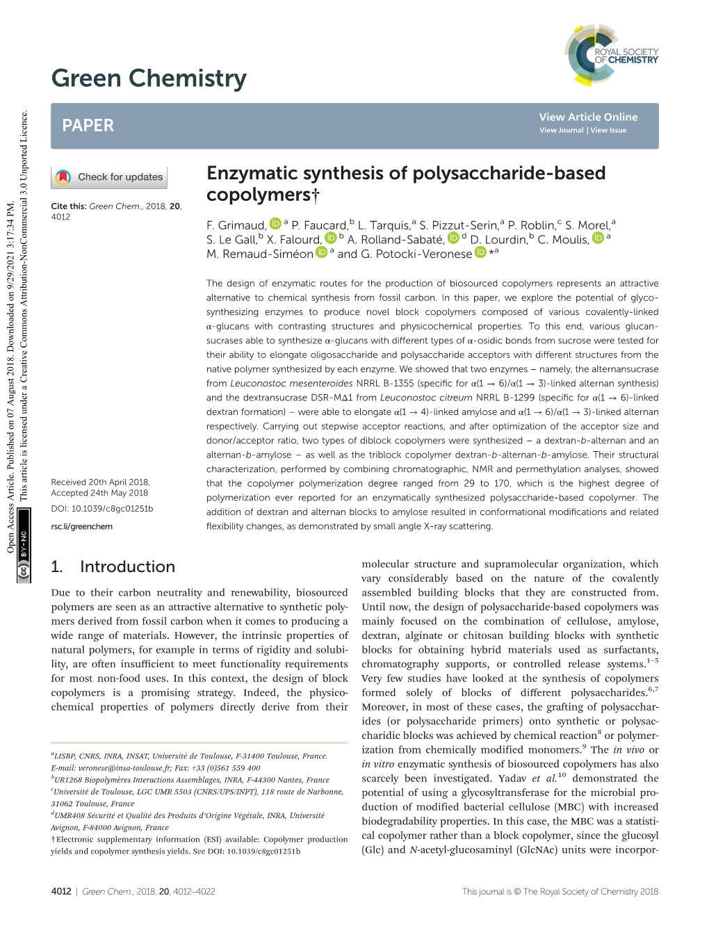 Enzymatic Synthesis of Polysaccharide-Based Copolymers† Cite This: Green Chem., 2018, 20, 4012 F