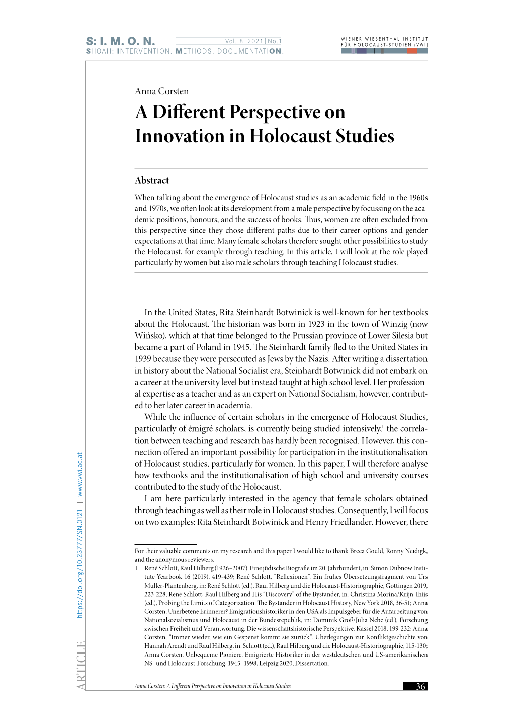 A Different Perspective on Innovation in Holocaust Studies