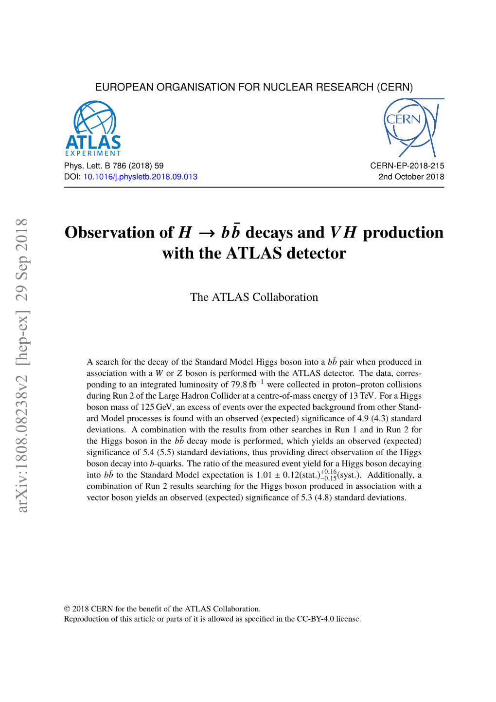 Observation of $ H\Rightarrow B\Bar {B} $ Decays and $ VH $ Production