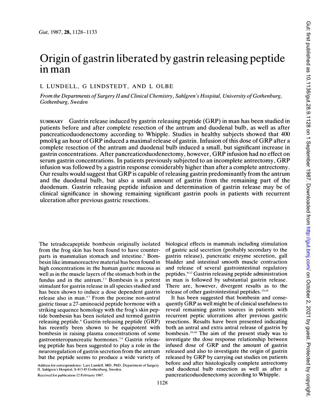 Origin of Gastrin Liberated by Gastrin Releasing Peptide in Man