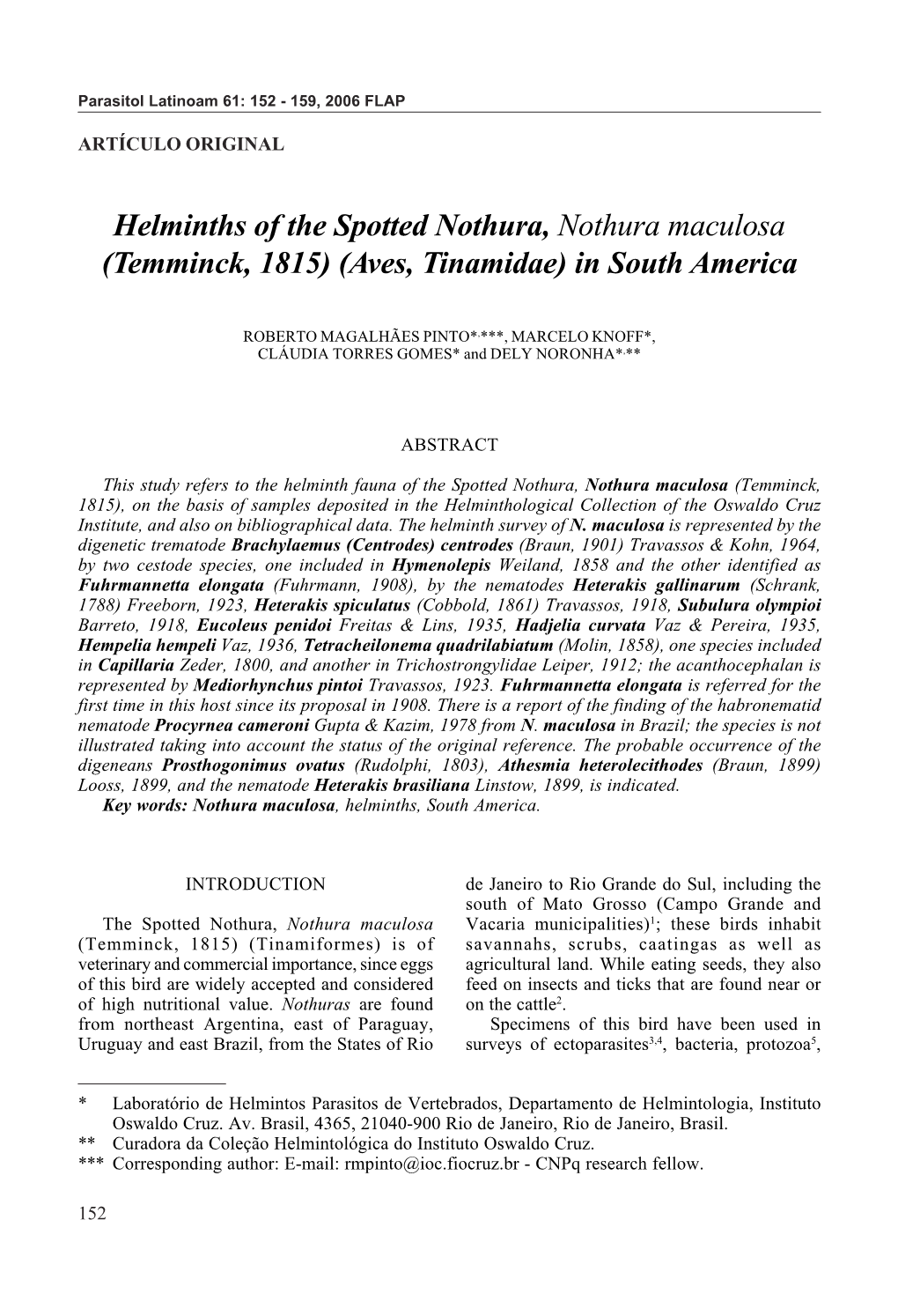 Helminths of the Spotted Nothura, Nothura Maculosa (Temminck, 1815) (Aves, Tinamidae) in South America