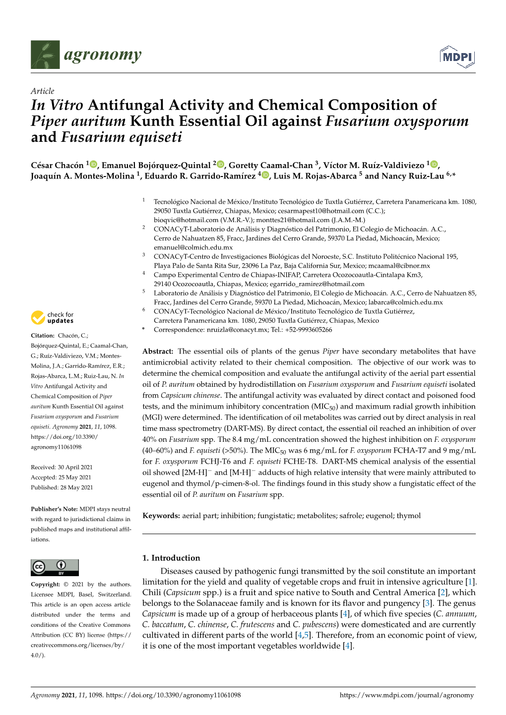 In Vitro Antifungal Activity and Chemical Composition of Piper Auritum Kunth Essential Oil Against Fusarium Oxysporum and Fusarium Equiseti