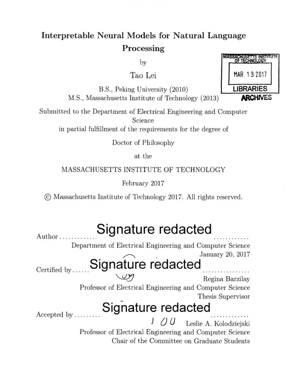 Signature Redacted Regina Barzilay Professor of Electrical Engineering and Computer Science Thesis Supervisor Signature Redacted Accepted By