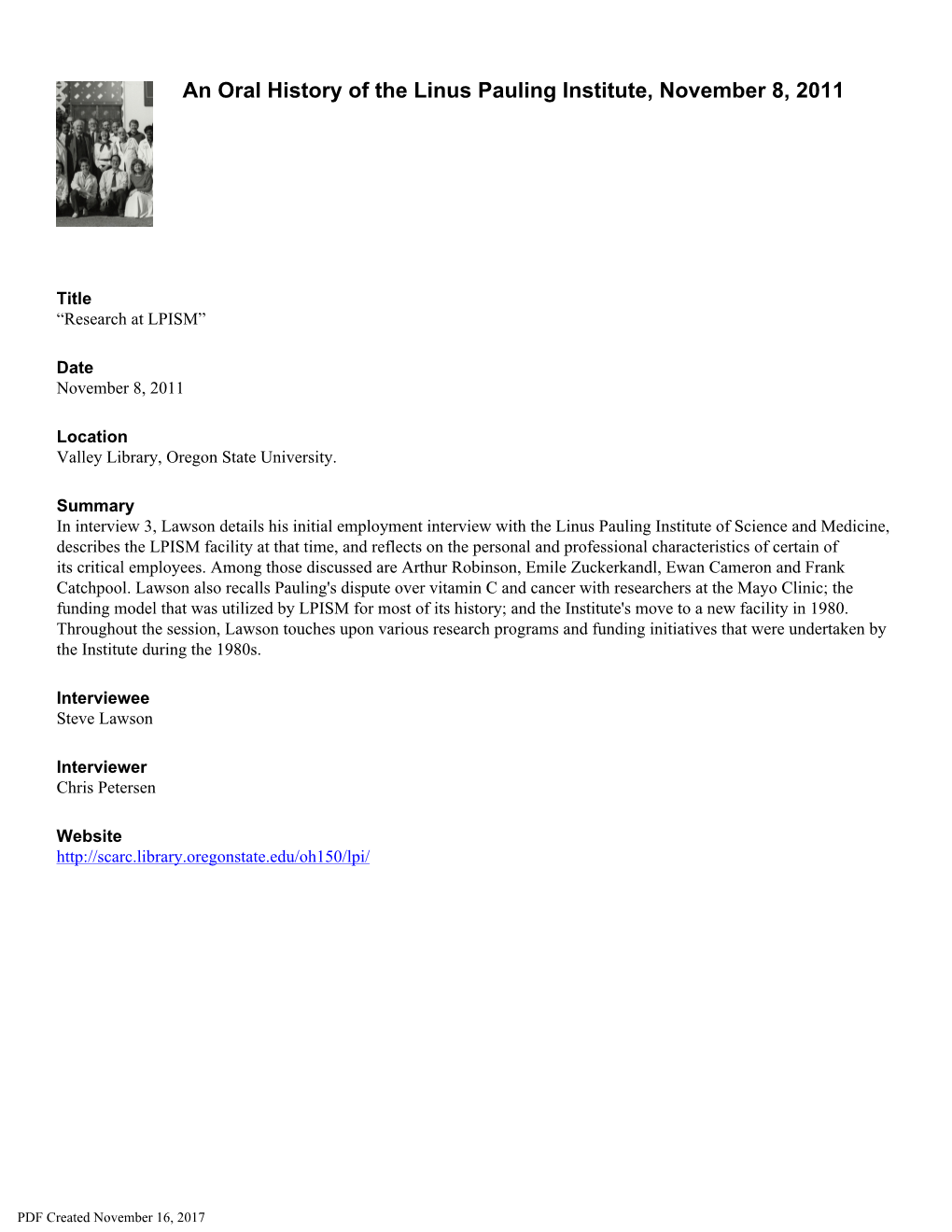 An Oral History of the Linus Pauling Institute, “Research at LPISM”, November 8, 2011 Page 2 of 14