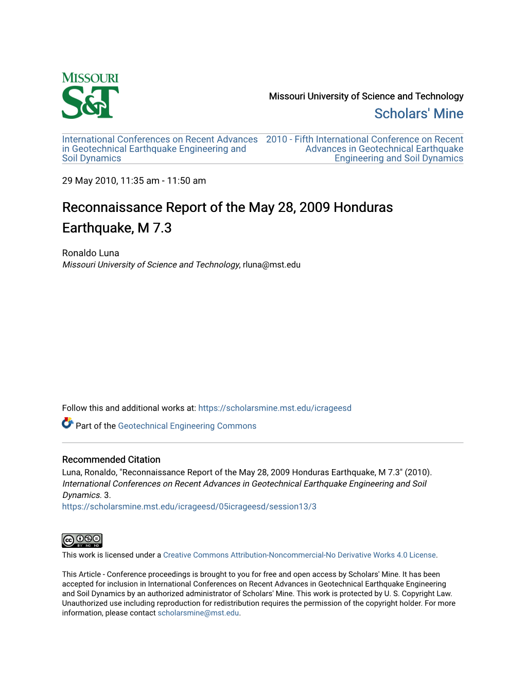 Reconnaissance Report of the May 28, 2009 Honduras Earthquake, M 7.3