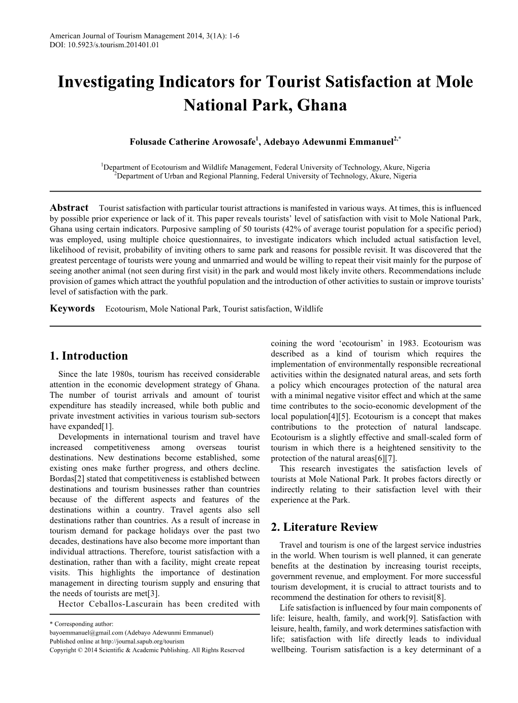 Investigating Indicators for Tourist Satisfaction at Mole National Park, Ghana