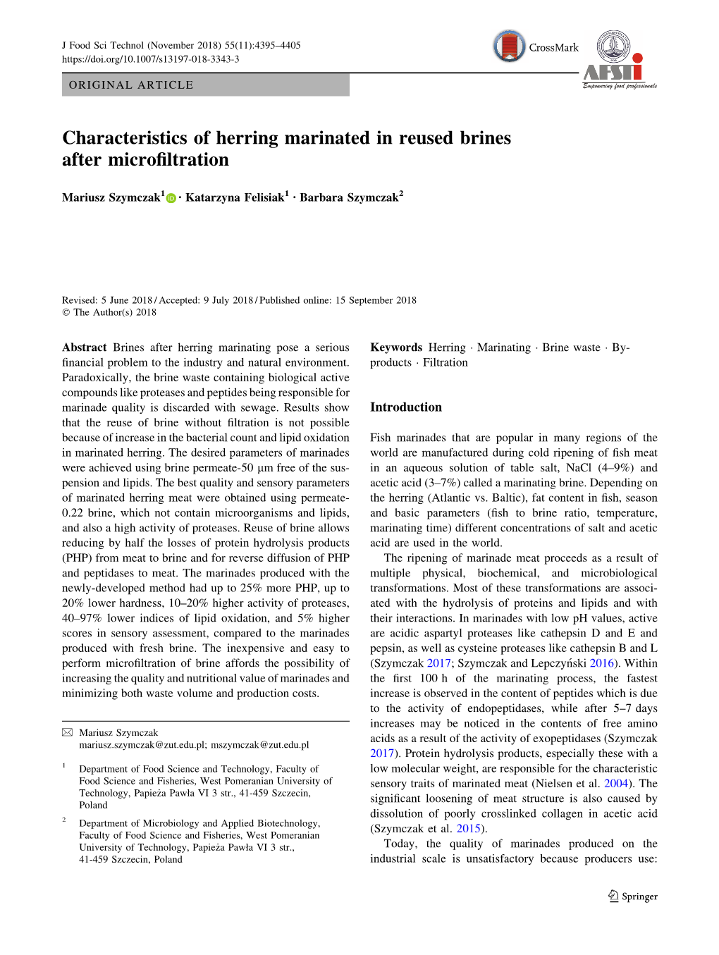 Characteristics of Herring Marinated in Reused Brines After Microfiltration
