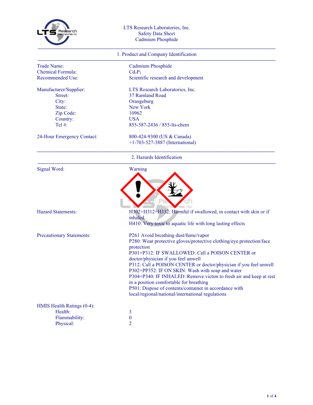 LTS Research Laboratories, Inc. Safety Data Sheet Cadmium Phosphide ––––––––––––––––––––––––––––––––––––––––––––––––––––––––––––––––––––––––––––––––––––––––––––– 1