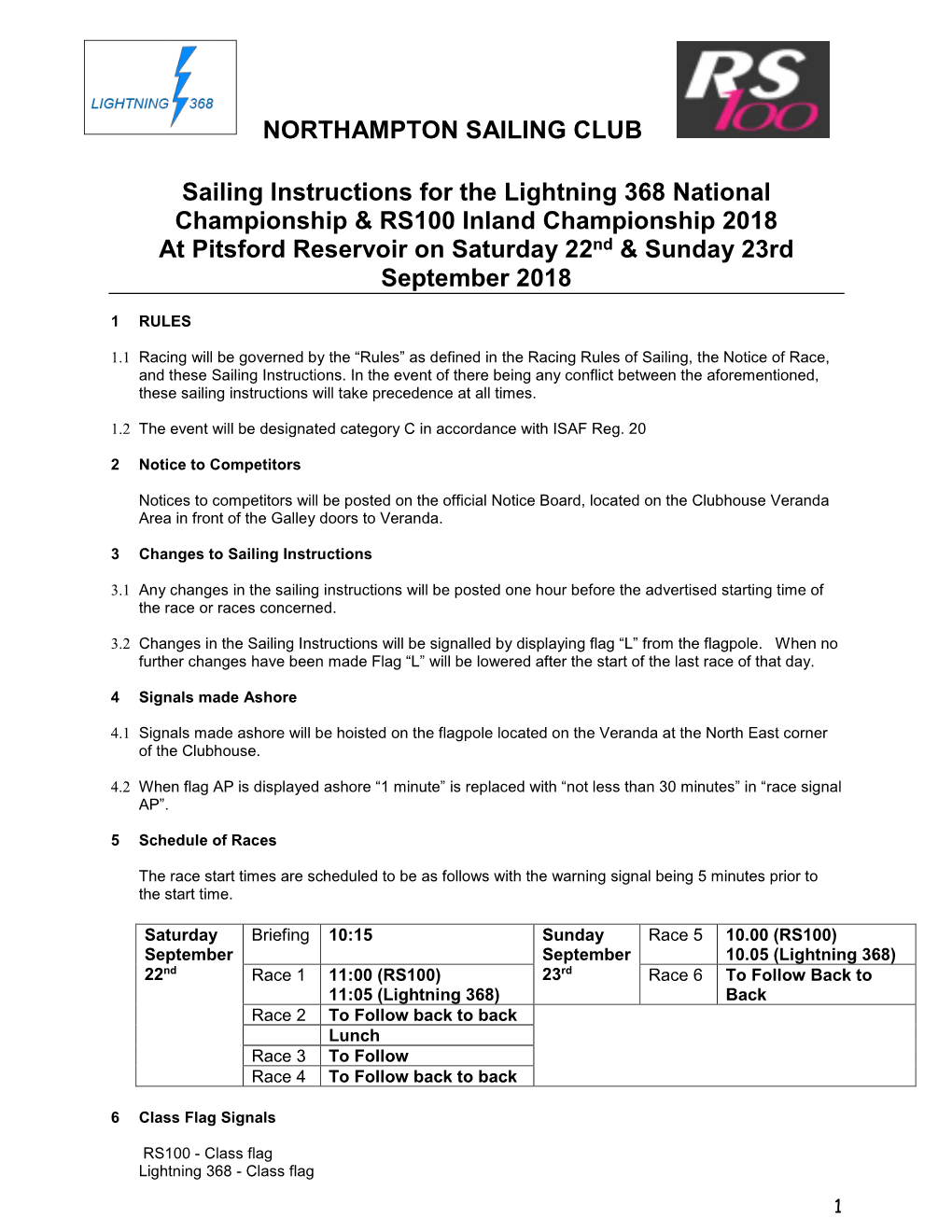 NORTHAMPTON SAILING CLUB Sailing Instructions for The