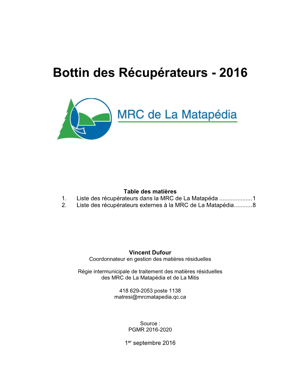 Bottin Des Récupérateurs - 2016