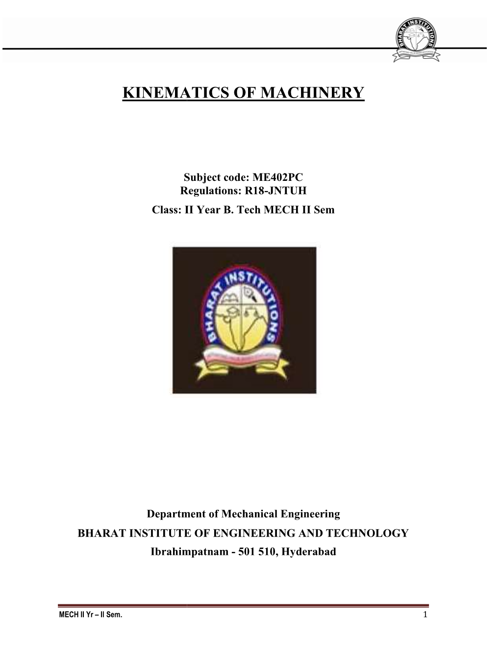 Kinematics of M Kinematics of Machinery