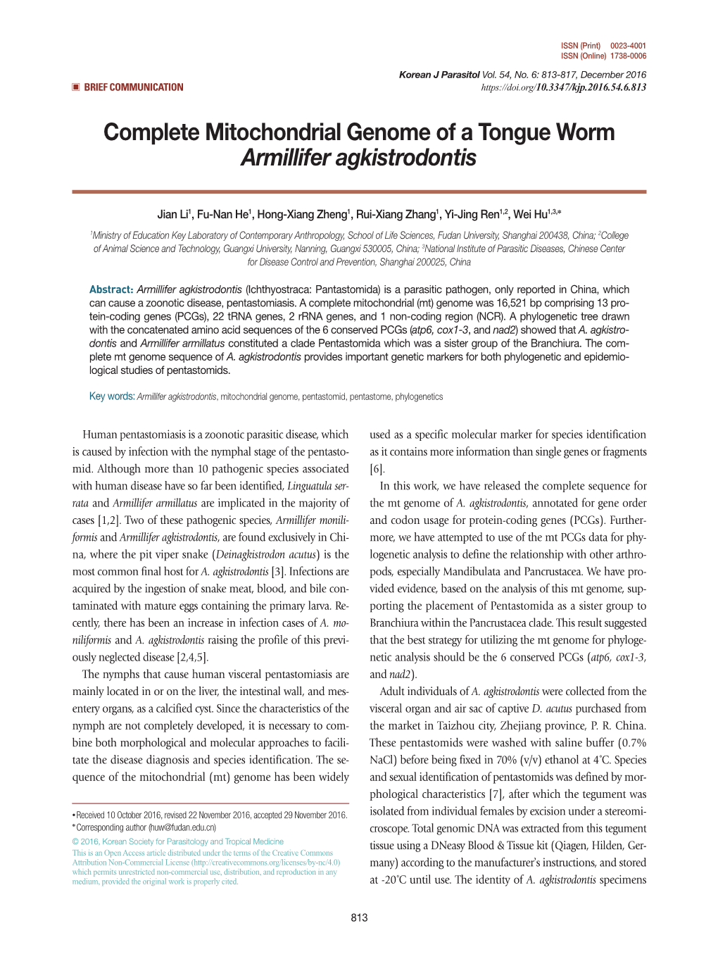 Complete Mitochondrial Genome of a Tongue Worm Armillifer Agkistrodontis