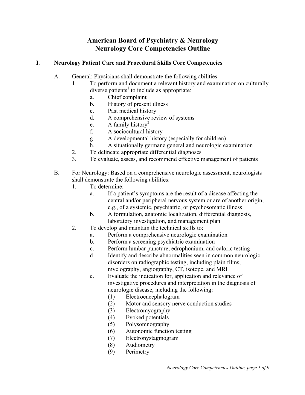 American Board of Psychiatry & Neurology Neurology Core Competencies Outline