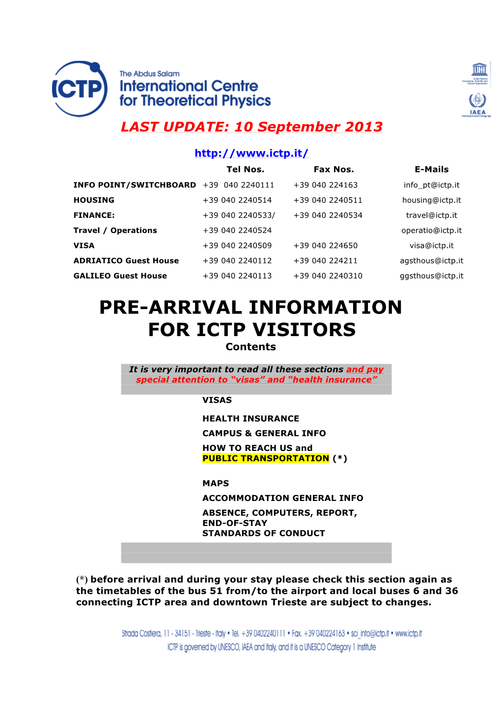 PRE-ARRIVAL INFORMATION for ICTP VISITORS Contents