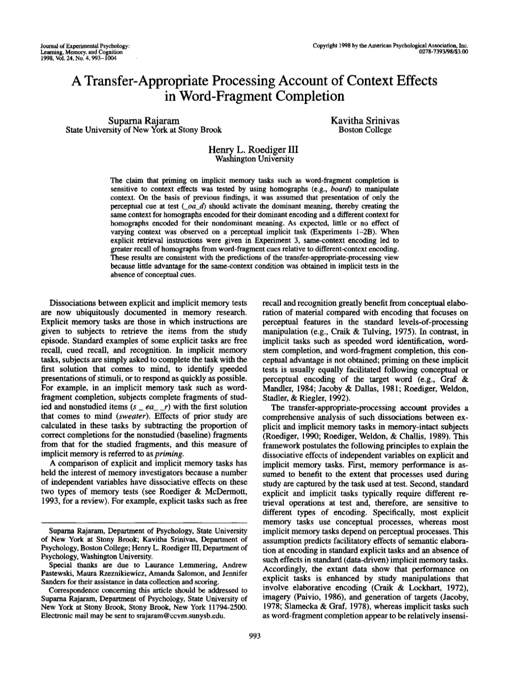 A Transfer-Appropriate Processing Account of Context Effects in Word-Fragment Completion