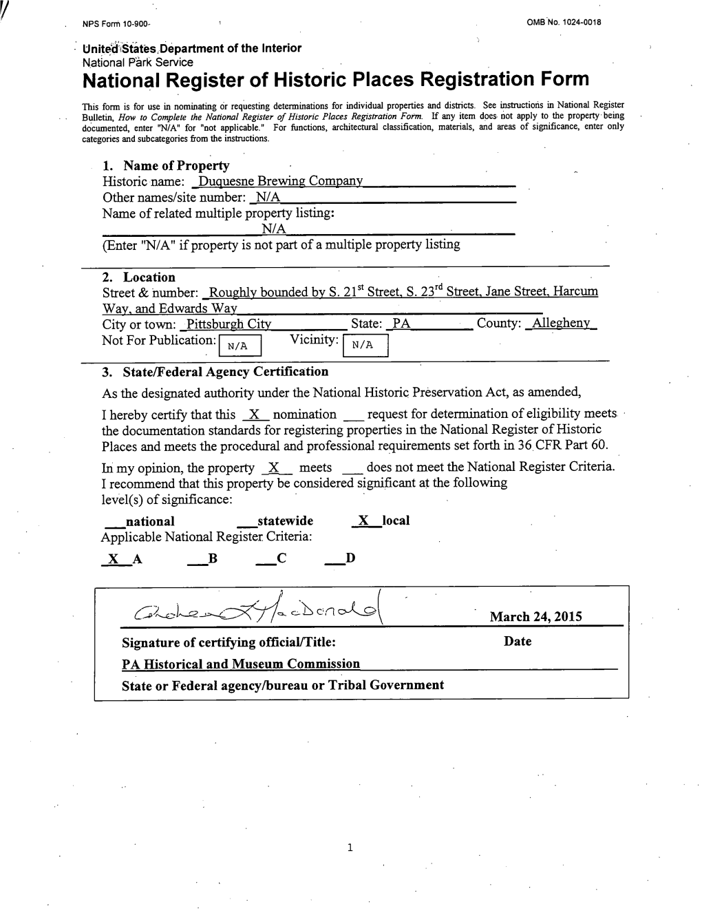 National Register of Historic Places Registration Form This Form Is for Use in Nominating Or Requesting Determinations for Individual Properties and Districts