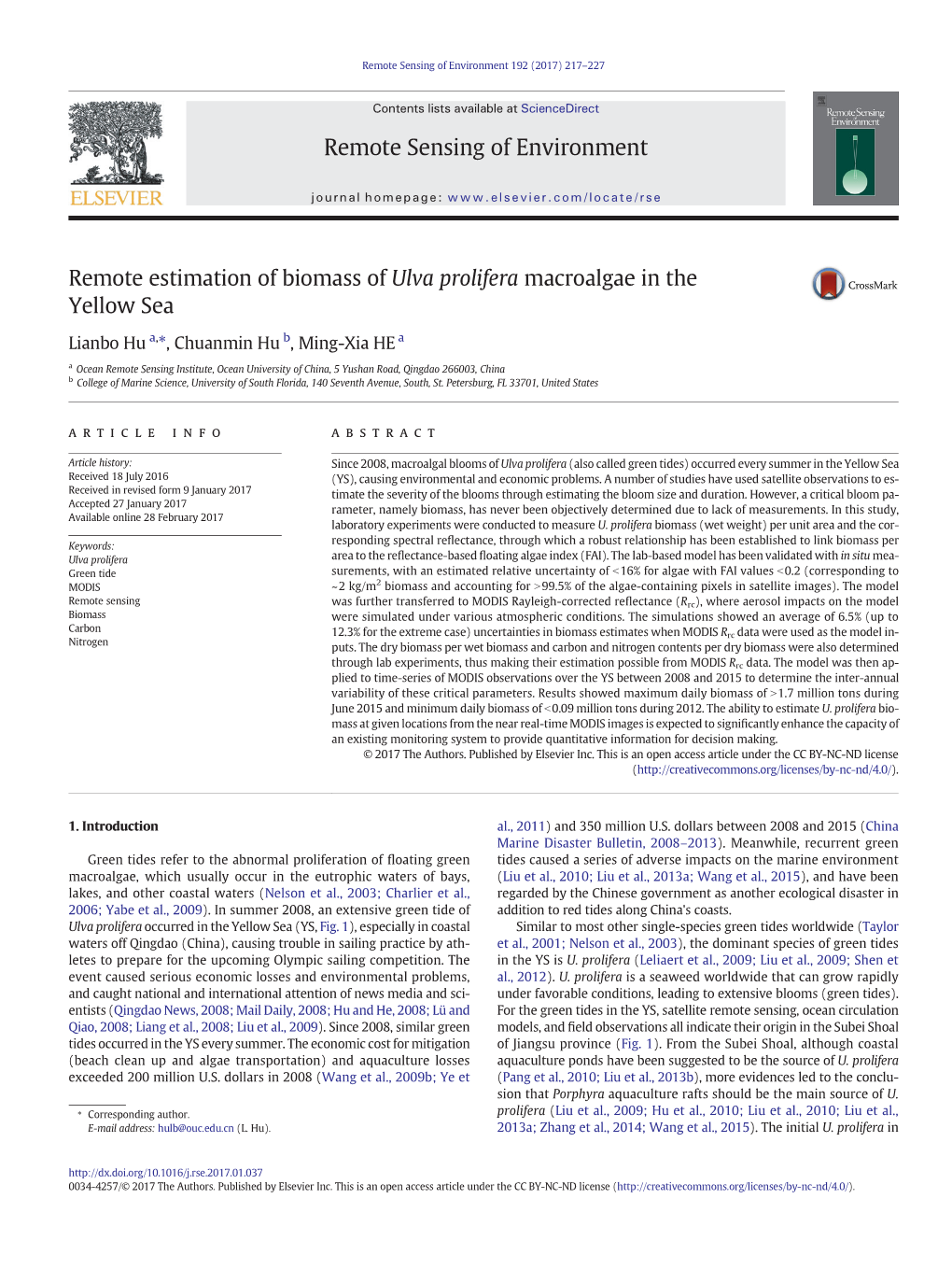 Remote Estimation of Biomass of Ulva Prolifera Macroalgae in the Yellow Sea