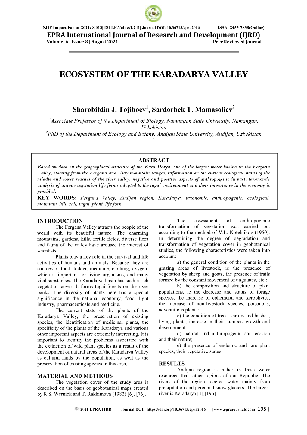 Ecosystem of the Karadarya Valley