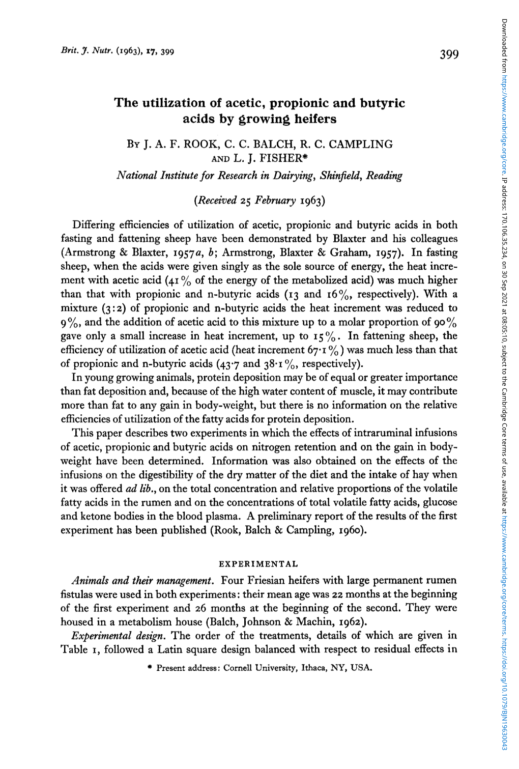 The Utilization of Acetic, Propionic and Butyric Acids by Growing Heifers