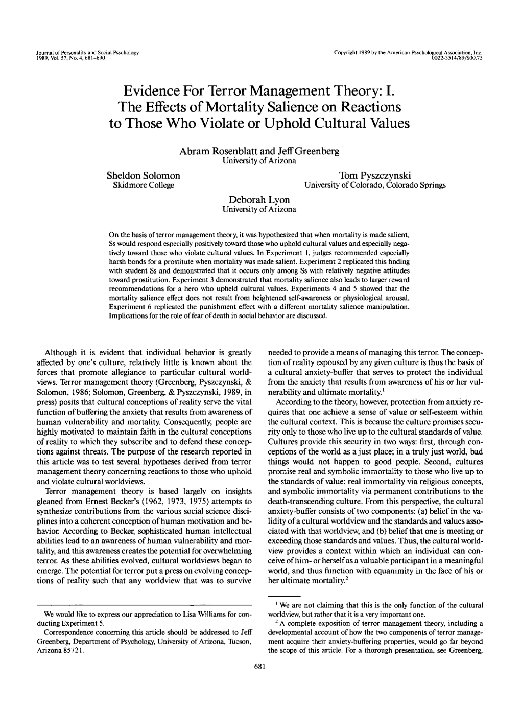 Evidence for Terror Management Theory: I