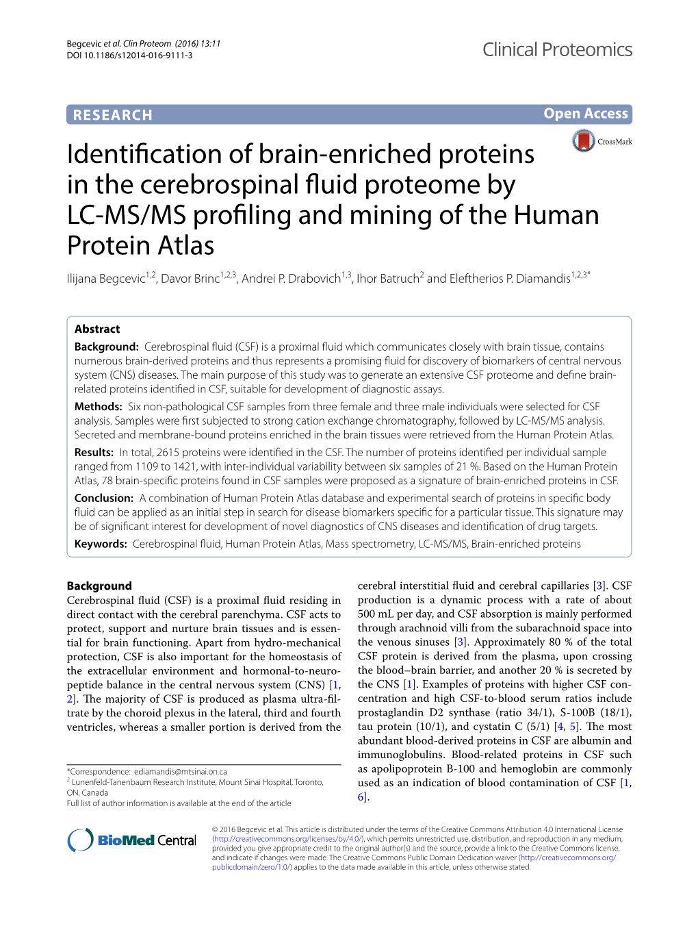 Identification of Brain-Enriched Proteins in the Cerebrospinal Fluid