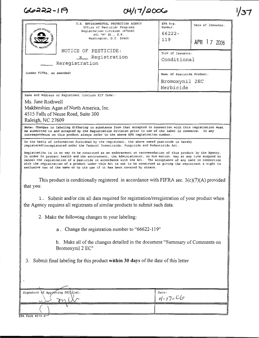 U.S. EPA, Pesticide Product Label, BROMOXYNIL 2EC HERBICIDE, 04/17/2006