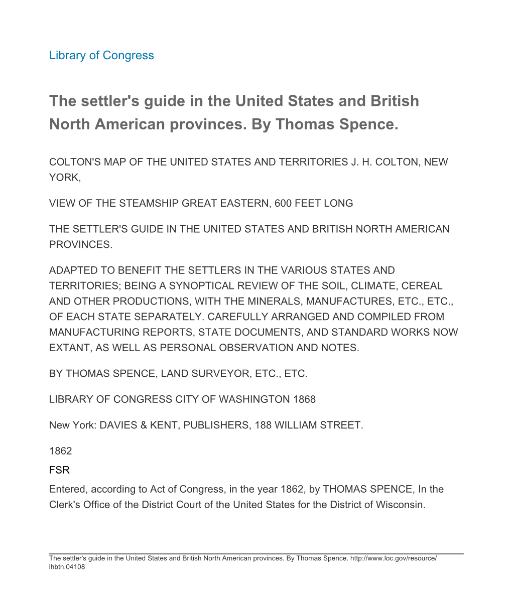 The Settler's Guide in the United States and British North American Provinces