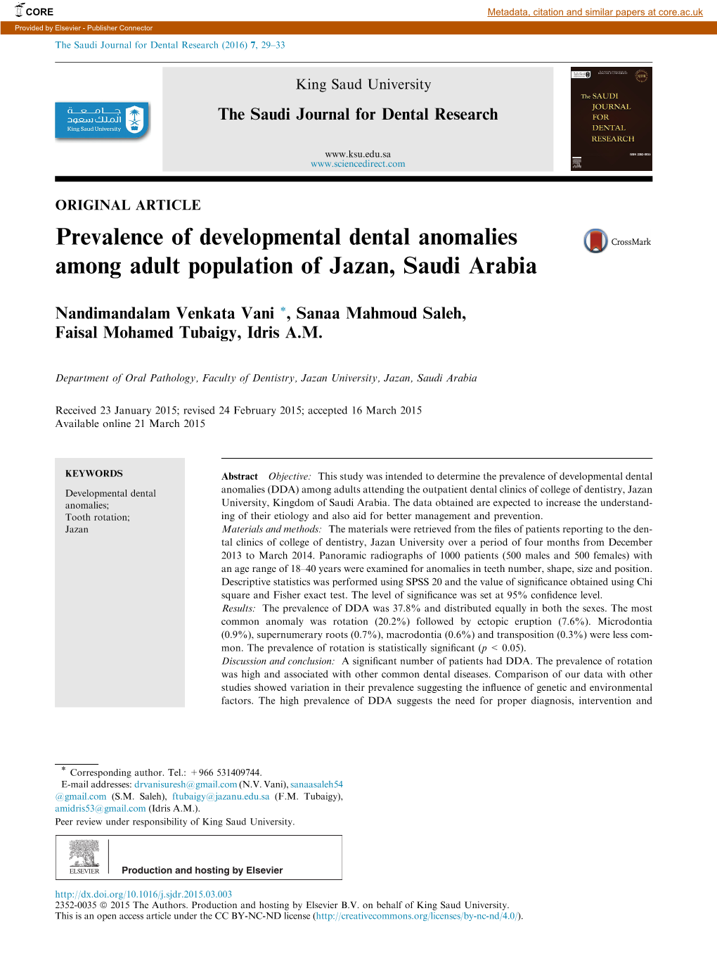 Prevalence of Developmental Dental Anomalies Among Adult Population of Jazan, Saudi Arabia