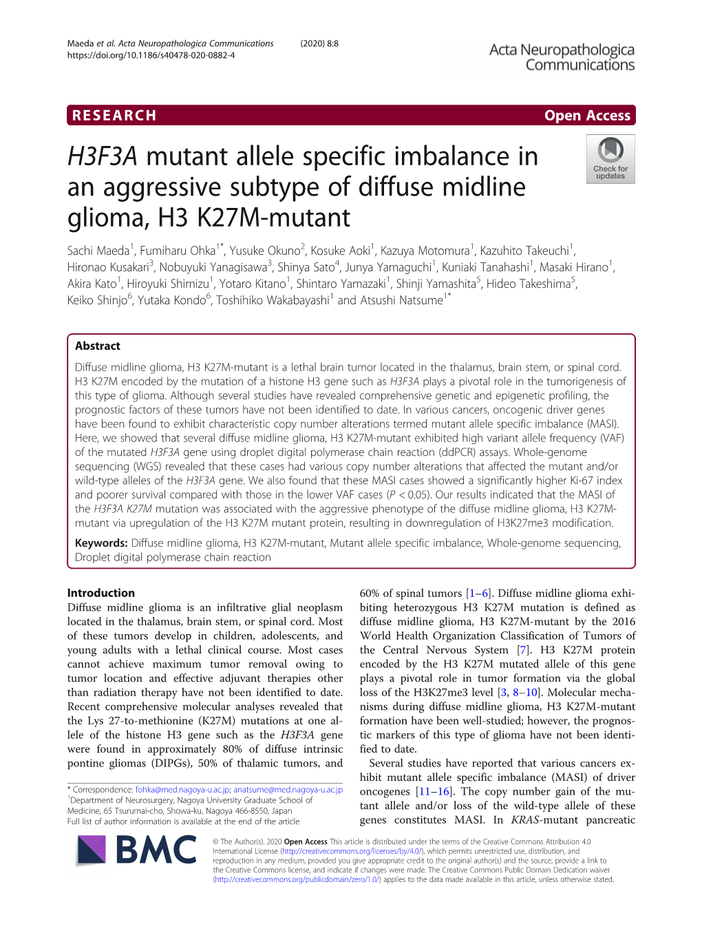 H3F3A Mutant Allele Specific Imbalance in an Aggressive Subtype of Diffuse Midline Glioma, H3 K27M-Mutant