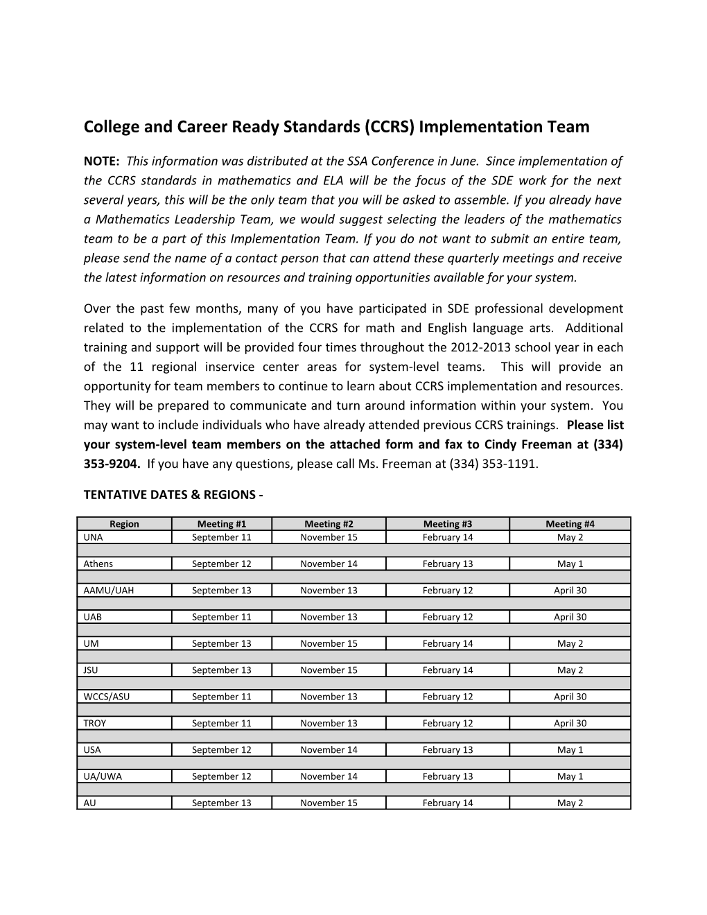 College and Career Ready Standards (CCRS) Implementation Team