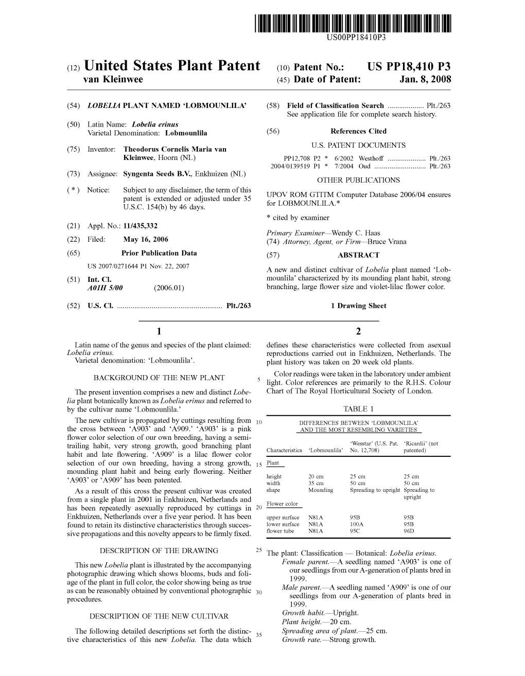 (12) United States Plant Patent (10) Patent No.: US PP18.410 P3 Van Kleinwee (45) Date of Patent: Jan